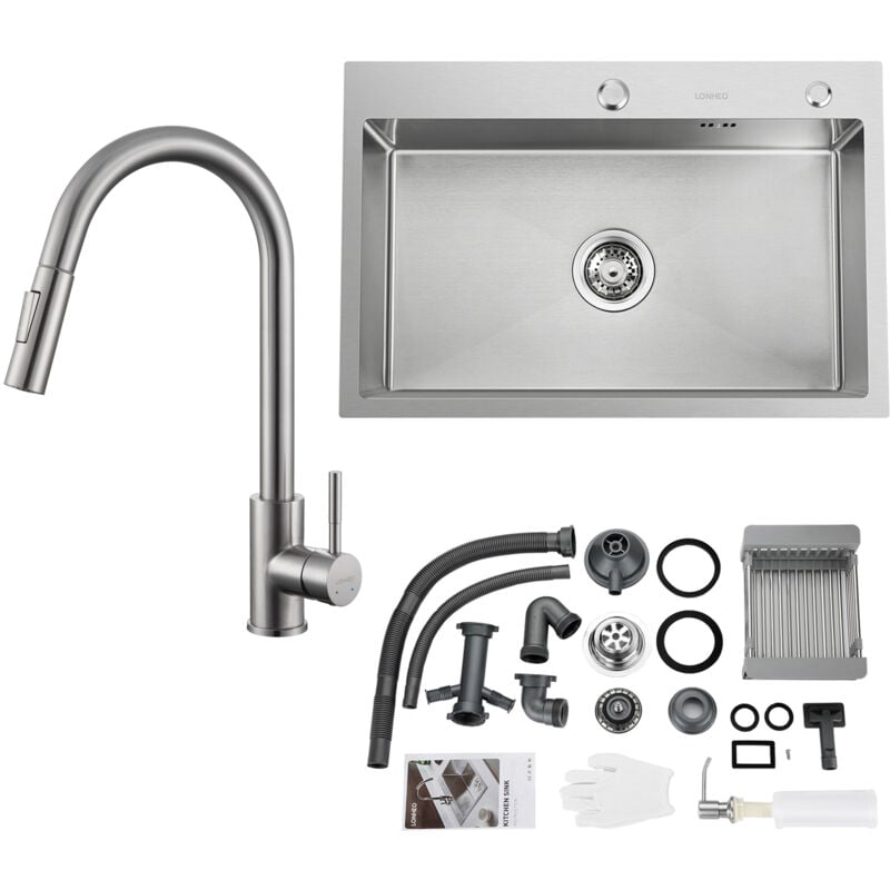 foto del prodotto lonheo lavello in acciaio inox 68 x 45 cm da incasso per basi da 80 cm rubinetto estraibile da cucina spazzolato