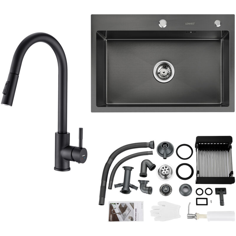 foto del prodotto lonheo lavello in acciaio inox 68 x 45 cm da incasso per basi da 80 cm rubinetto estraibile nero per cucina