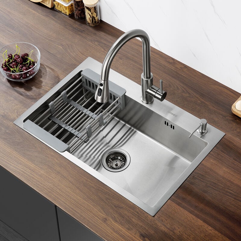 foto del prodotto lonheo max 68 x 45 cm lavello incasso 1 vasche acciaio inox lavello da cucina lavandino cucina con dispenser per sapone, cestello regolabile,