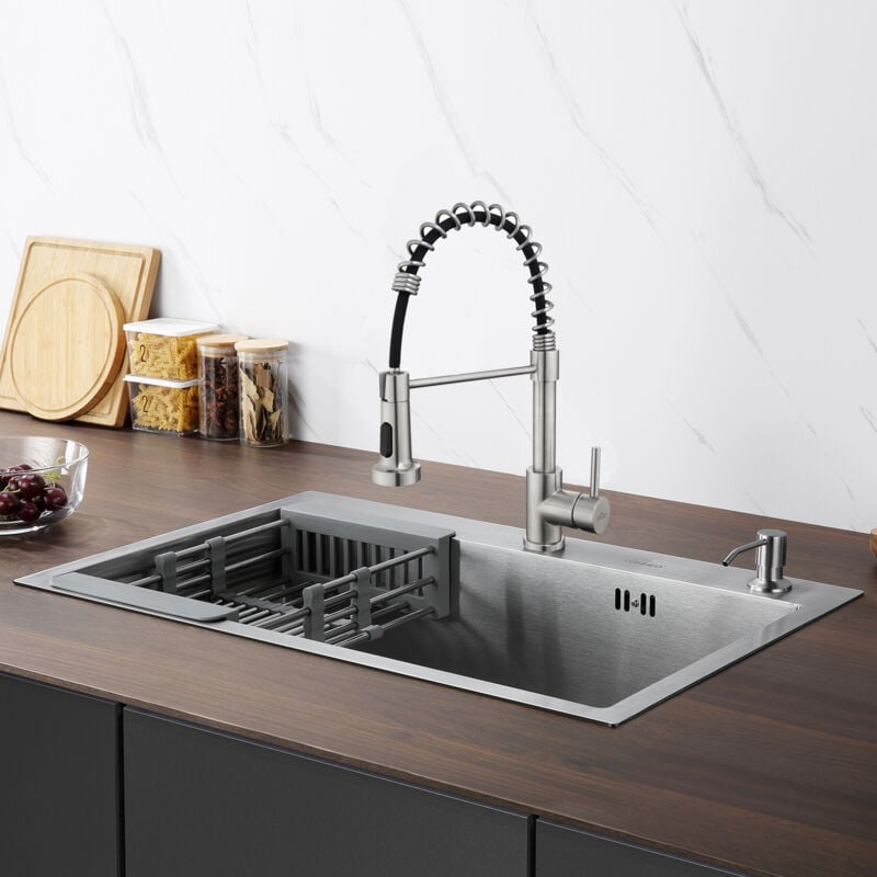 foto del prodotto lonheo max lavello cucina in acciaio inox da incasso 68 x 45 cm per mobile base da 80 cm rubinetto cucina estraibile ad alta pressione con molla