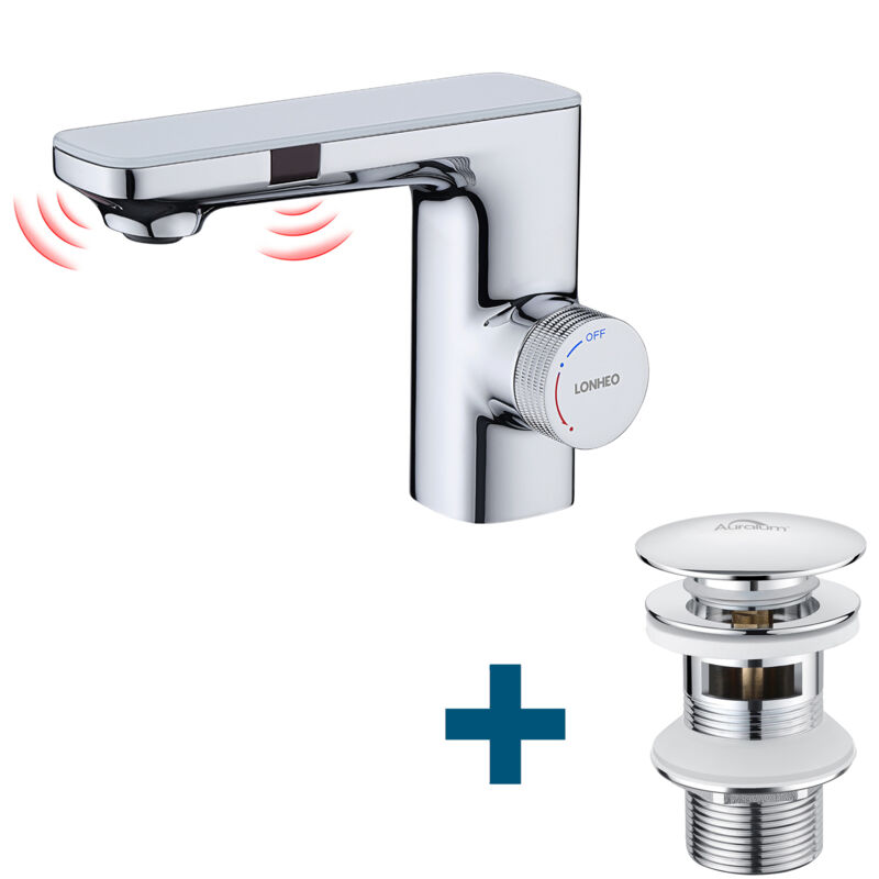 foto del prodotto lonheo max lonheo due rubinetti a sensore a infrarossi miscelatore automatico per lavabo set di scarico con troppopieno, miscelatore monocomando