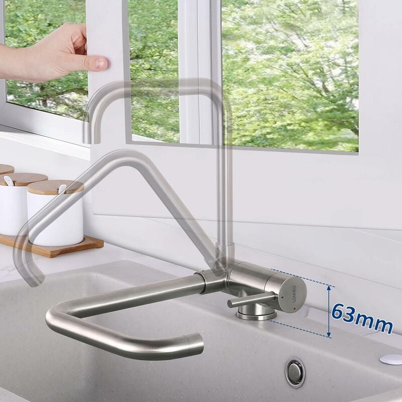 foto del prodotto lonheo max lonheo monocomando rubinetto cucina abbattibile in acciaio inox, girevole a 360 e pieghevole a 63mm rubinetto cucina sottofinestra,