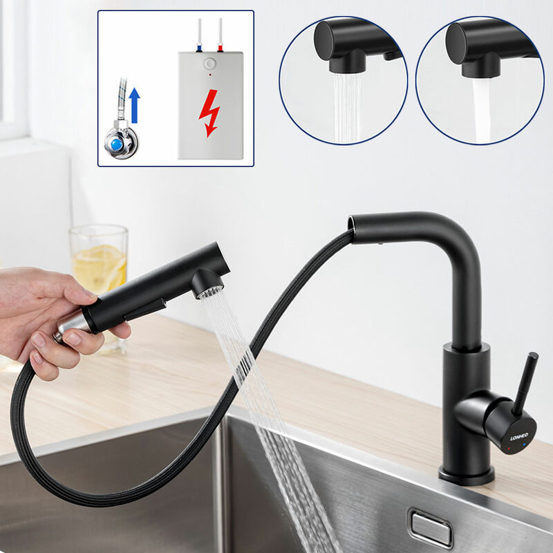 foto del prodotto lonheo max lonheo rubinetto cucina estraibile a bassa pressione, rubinetto da cucina in acciaio inox nero, girevole a 360 miscelatore monocomando