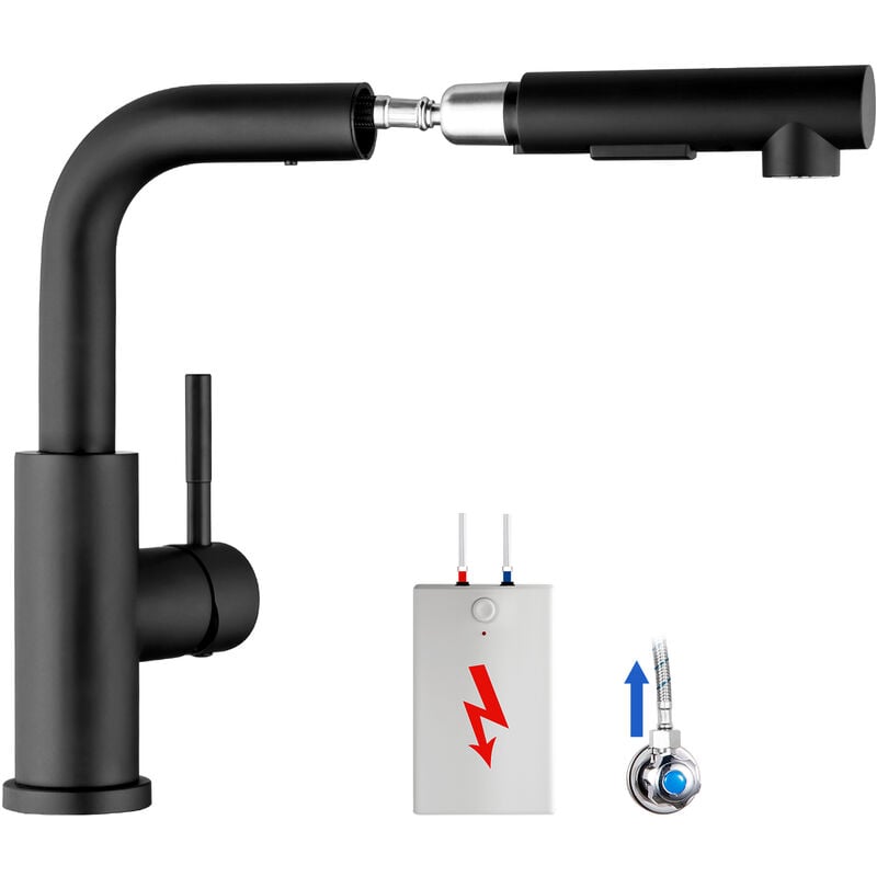 foto del prodotto lonheo max nero rubinetto cucina estraibile a bassa pressione, rubinetto da cucina con doccetta estraibile fino a 50cm, girevole a 360 miscelatore
