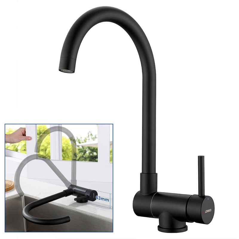 foto del prodotto lonheo max nero rubinetto da cucina pieghevole fino 180 girevole a 360 in acciaio inossidabile,rubinetto miscelatore monocomando cucina lavello per