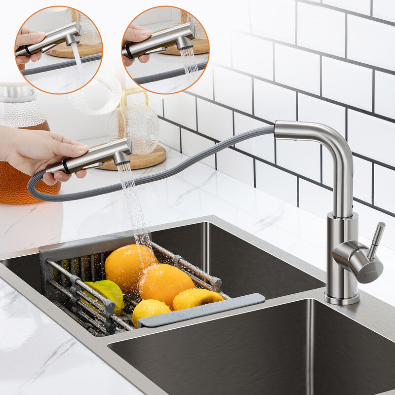 foto del prodotto lonheo max rubinetto cucina estraibile con aeratore staccabile, lonheo rubinetto da cucina in acciaio inox spazzolato , girevole a 360 monocomando