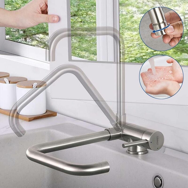 foto del prodotto lonheo max rubinetto cucina pieghevole girevole 360 contro finestra, rubinetto lavello cucina con maniglia pieghevole, miscelatore monocomando