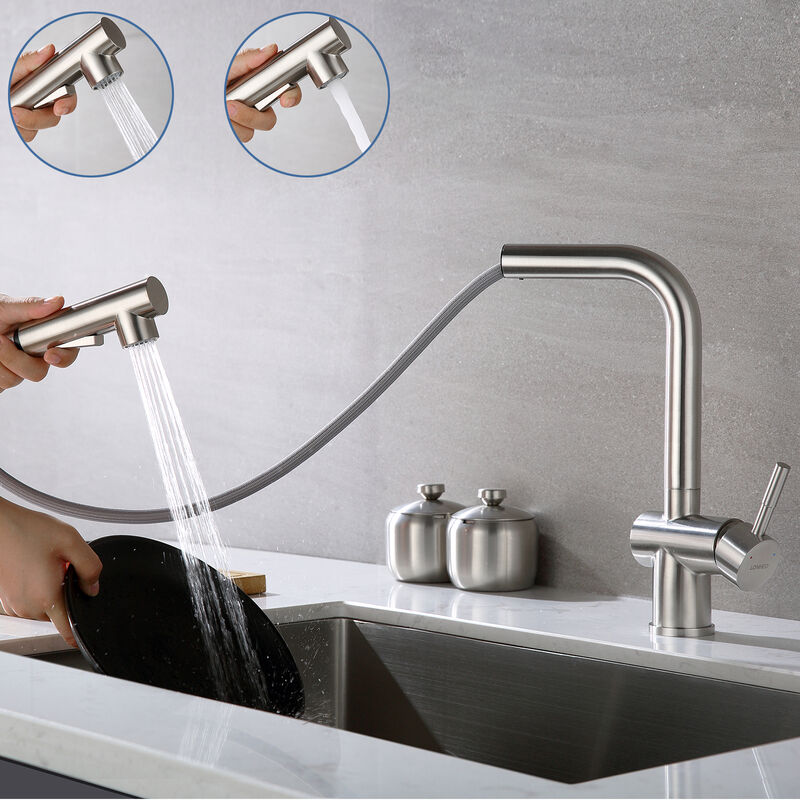 foto del prodotto lonheo miscelatore cucina con doccetta estraibile 40cm, girevole a 360 rubinetto lavello cucina in acciaio inox, rubinetto cucina con aeratore