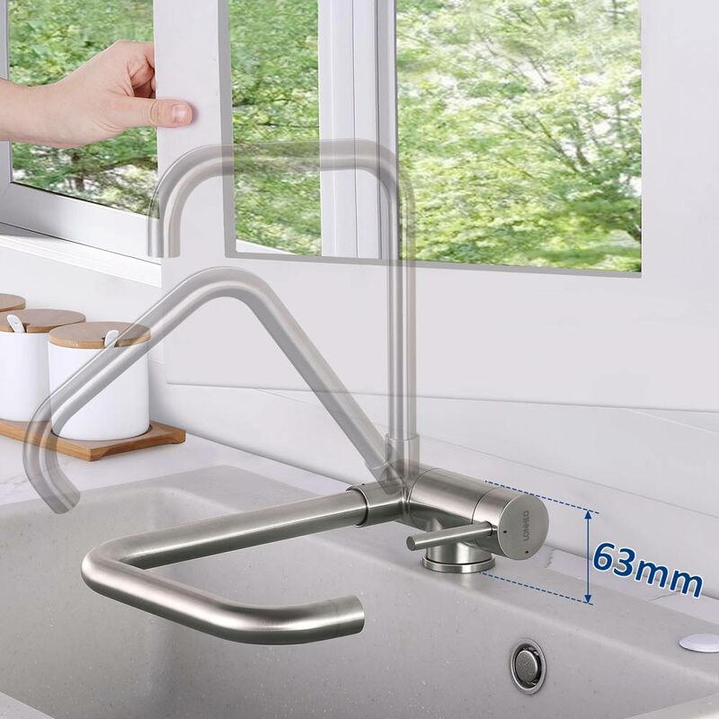foto del prodotto lonheo monocomando rubinetto cucina abbattibile in acciaio inox, girevole a 360 e pieghevole a 63mm rubinetto cucina sottofinestra, miscelatore da