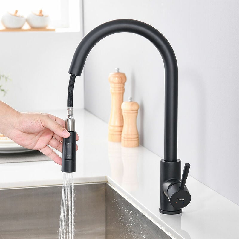 foto del prodotto lonheo nero rubinetto da cucina estraibile in acciaio inox, girevole a 360 miscelatore monocomando per cucina