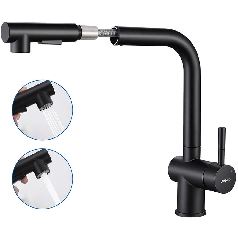 foto del prodotto lonheo nero rubinetto lavello cucina doccetta estraibile, 2 modalit rubinetto cucina in acciaio inox spazzolato, miscelatore cucina girevole a