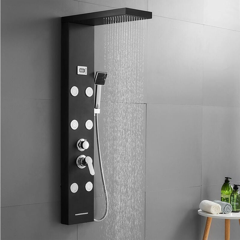foto del prodotto lonheo pannello doccia colonna idromassaggio in acciaio inox, 4 funzioni set de doccia con soffione a pioggia e doccetta, cascada e idromassaggio