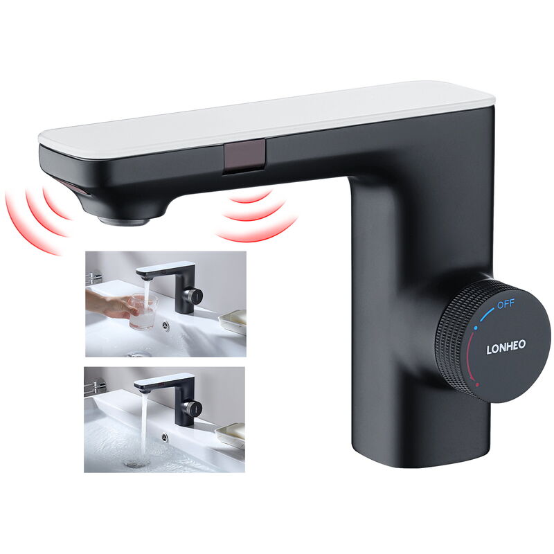 foto del prodotto lonheo rubinetto a infrarossi con doppio sensore, miscelatore rubinetto per bagno con sensore automatico, stoccaggio dell acqua 3 min,