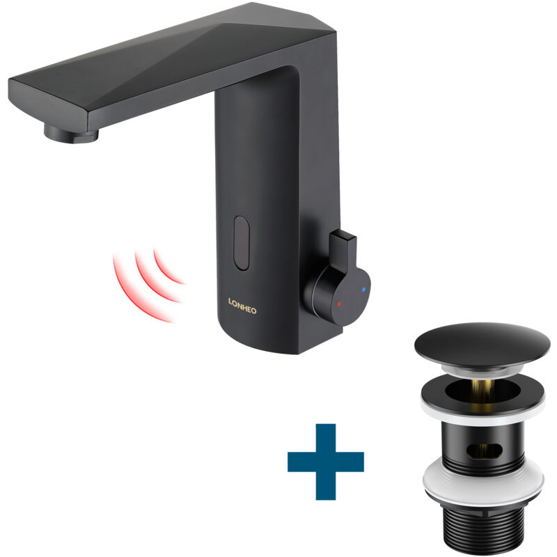 foto del prodotto lonheo rubinetto a sensore infrarosso miscelatore automatico per lavabo set di scarico con troppopieno, miscelatore monocomando per bagno con pop