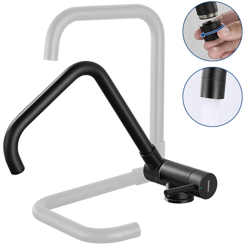 foto del prodotto lonheo rubinetto abbattibile miscelatore lavello fontana nero, rubinetto cucina sottofinestra in acciaio inox, miscelatore da cucina pieghevole
