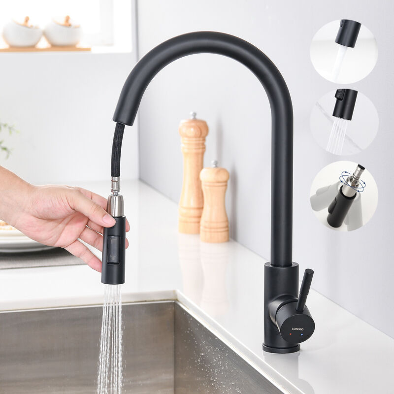 foto del prodotto lonheo rubinetto cucina con doccetta estraibile 40cm acciaio inossidabile nero 2 funzioni miscelatore monocomando soffione doccia girevole per