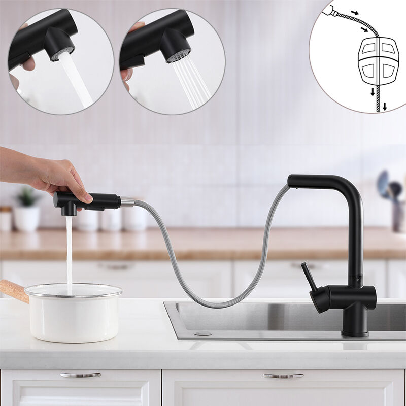 foto del prodotto lonheo rubinetto cucina con doccetta estraibile 40cm, girevole a 360 , miscelatore monocomando per lavello in acciaio inox, nero