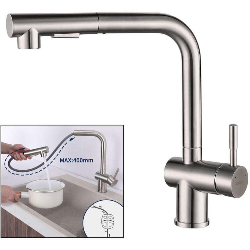 foto del prodotto lonheo rubinetto cucina con doccetta estraibile 40cm in acciaio inossidabile, 2 funzioni miscelatore monocomando per lavello, girevole a 360