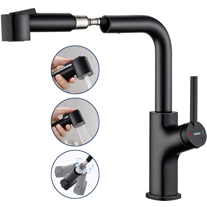 foto del prodotto lonheo rubinetto cucina con doccetta estraibile 40cm in acciaio inossidabile nero, 2 funzioni miscelatore monocomando per lavello, girevole a 360
