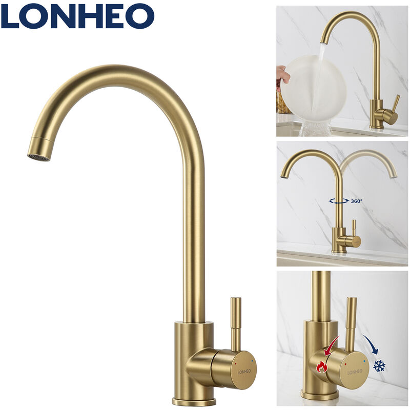 foto del prodotto lonheo rubinetto cucina monocomando oro acciaio inossidabile rubinetto per lavello girevole a 360 gradi gorgogliatore rimovibile miscelatore per