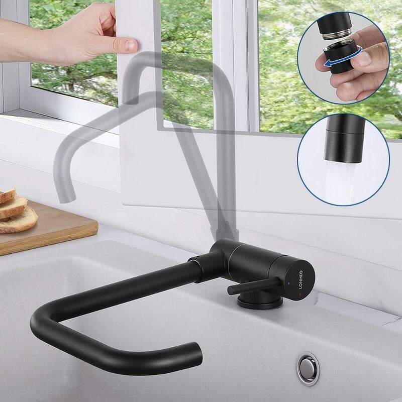 foto del prodotto lonheo rubinetto cucina pieghevole girevole 360 , rubinetto cucina per lavello sottofinestra, miscelatore monocomando cucina en acciaio inox nero