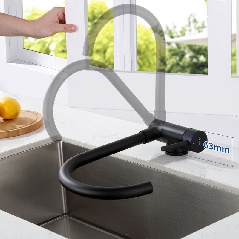 foto del prodotto lonheo rubinetto cucina sottofinestra nero, miscelatore monocomando cucina pieghevole fino 180 girevole a 360 in acciaio inox, con l aeratore