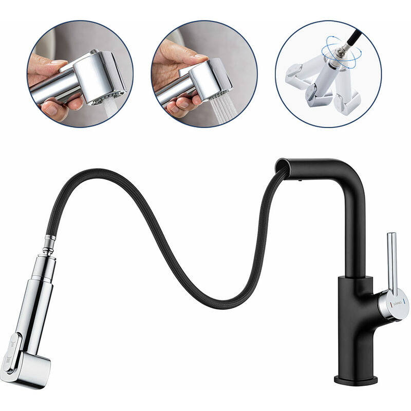 foto del prodotto lonheo rubinetto da cucina con doppia doccetta estraibile 2 funzioni 360 grado rotazione miscelatore monocomando per lavello cromo nero