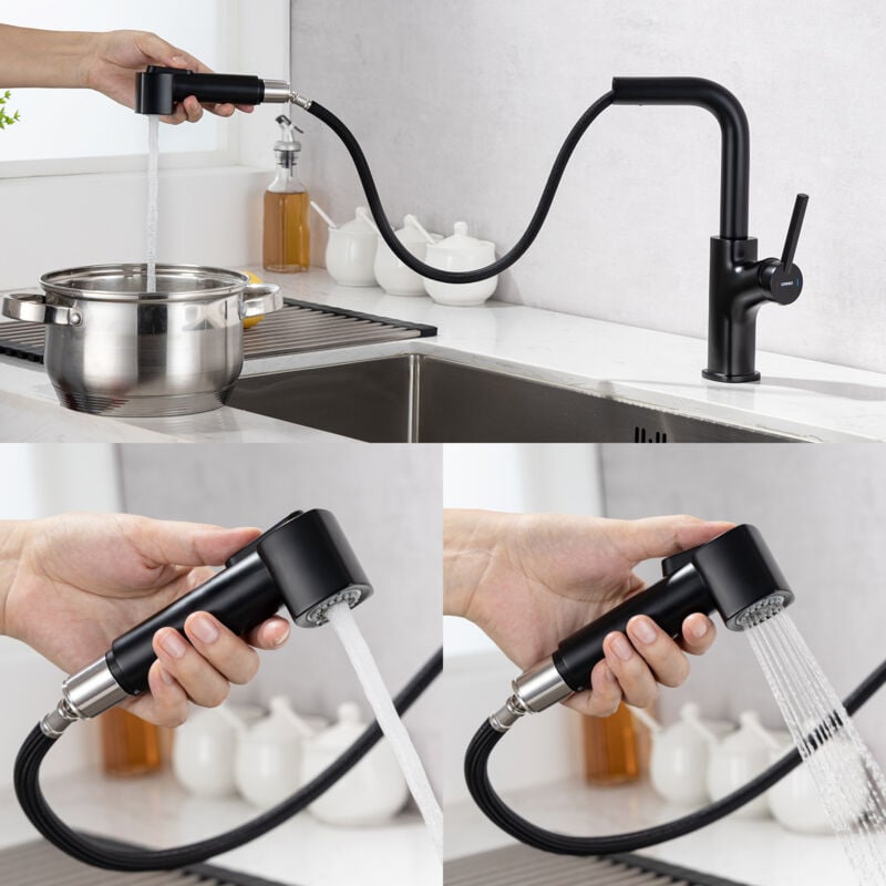 immagine 0 del prodotto lonheo rubinetto da cucina con doppia doccetta estraibile 2 funzioni 360 grado rotazione miscelatore monocomando per lavello nero modernamente
