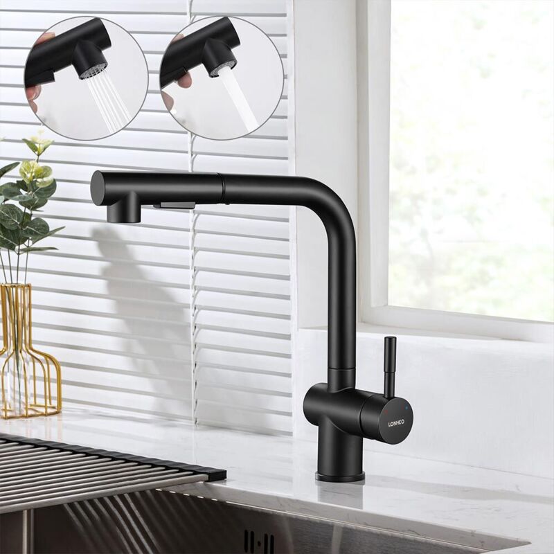 foto del prodotto lonheo rubinetto da cucina nero, rubinetto da cucina estraibile in acciaio inox, rubinetto da cucina con 2 tipi di getto d'acqua, rubinetto lavello
