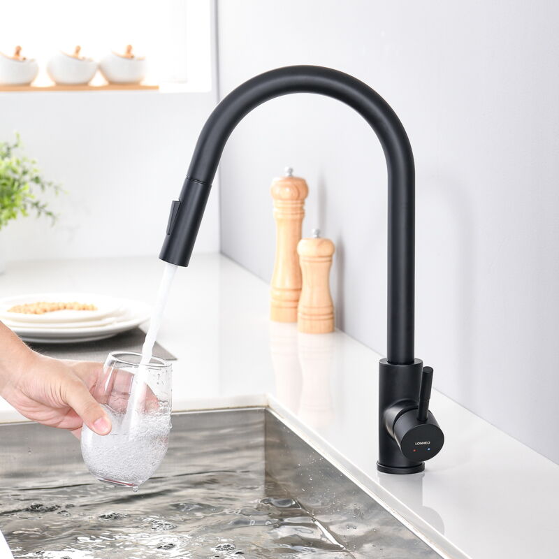 foto del prodotto lonheo rubinetto miscelatore da cucina spray estraibile bocca alta ruotabile a 360 rubinetto miscelatore per lavello da cucina, nero
