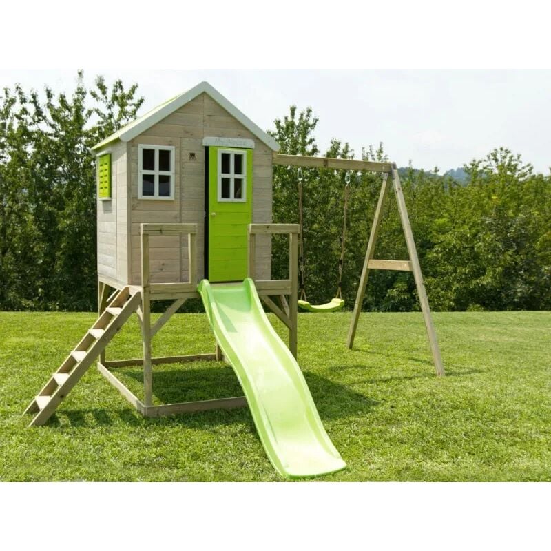 foto del prodotto losa legnami casetta bambini bamby con altalena 120x120 abete colorato grigio verde mela losa