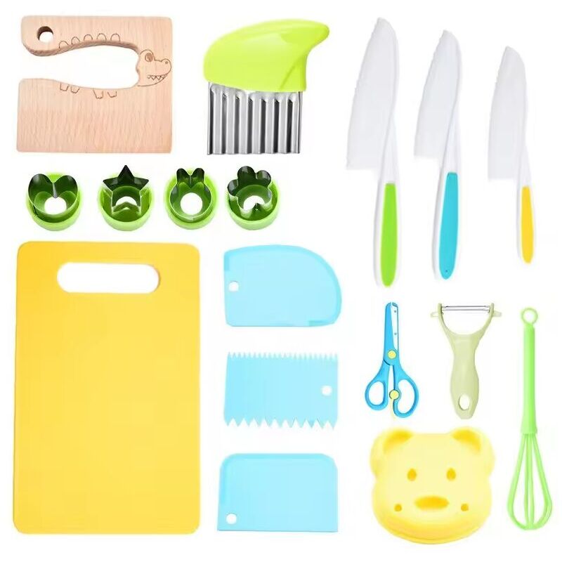 foto del prodotto lot de 17 couteaux et ustensiles de cuisine pour enfants, couteau s curit de cuisine enfant avec d emporte pi ces, couteaux en bois couper des