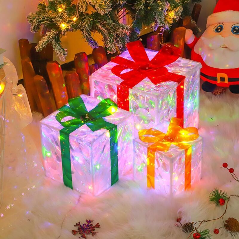 foto del prodotto lot de 3 boîtes cadeaux de noël illuminées, décorations de noël illuminées, boîte à cadeaux pour allée de noël intérieure et extérieure, décorations de fête de fin d'année (transparent)