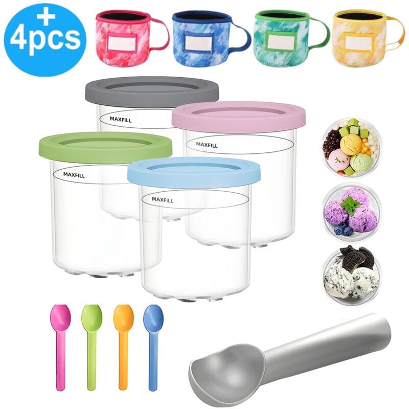foto del prodotto lot de 4 gobelets glace de 453,6 g pour cr me glac e, r cipient avec couvercle et 4 cuill res, avec housse de rechange en n opr ne, pour sorbeti re