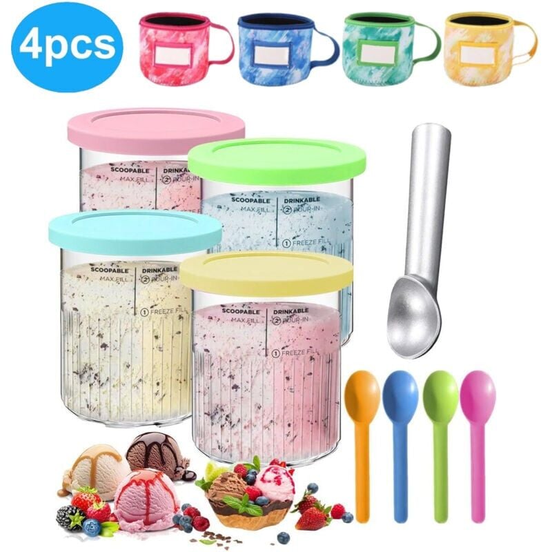 foto del prodotto lot de 4 gobelets glace, r cipient avec couvercle et 4 cuill res, avec couvercle de rechange en n opr ne, compatibles avec les sorbeti res ninja