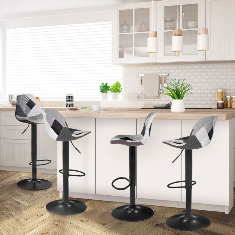 foto del prodotto lote de 4 taburetes de bar karl patchwork negro, gris y blanco con patas negras