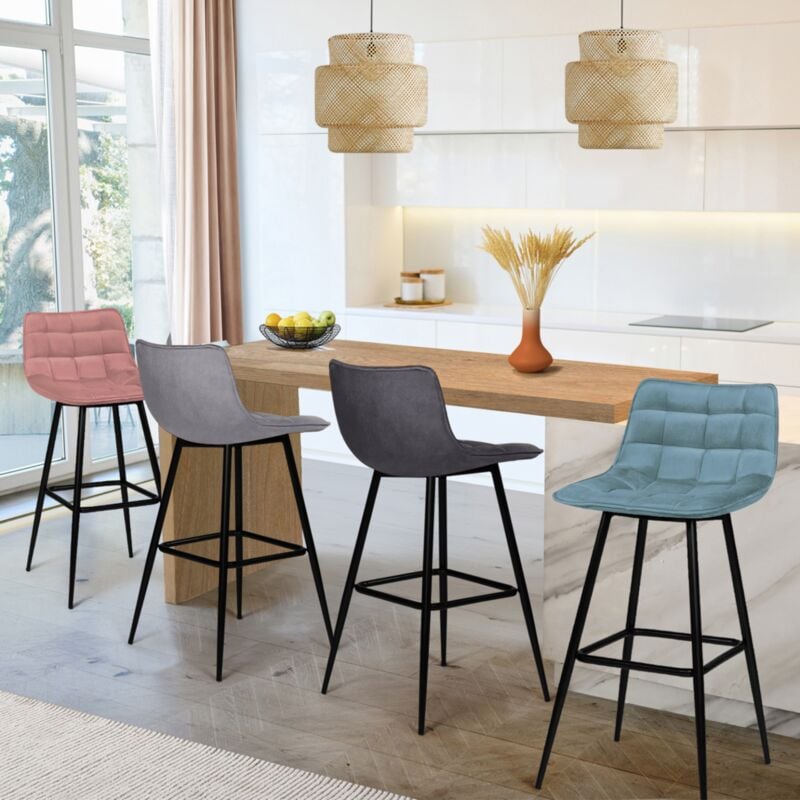 foto del prodotto lote de 4 taburetes de bar mady en mezcla de colores azul pastel, gris claro, gris oscuro y terciopelo rosa