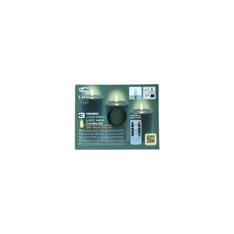 foto del prodotto lotti set 3 candela 3df a coste ribbed d7.5 h10 12.5 15 verde bianco caldo importex