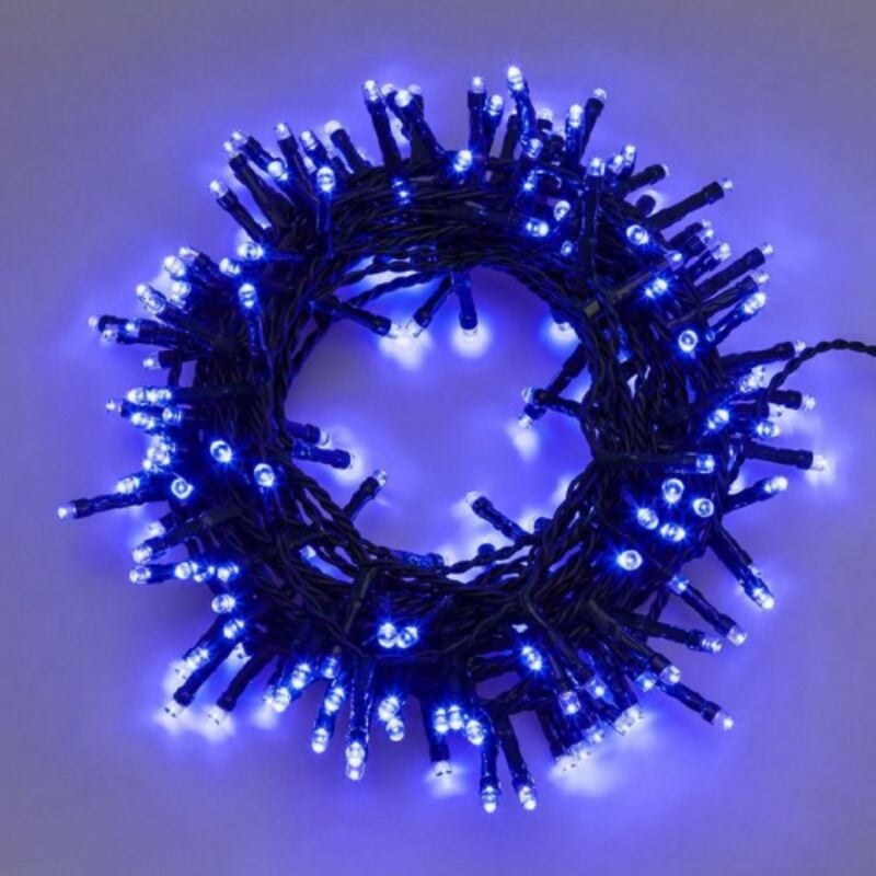 foto del prodotto lotti stringa catena 12,8 mt serie 320 luci di natale a led 5 mm reflex blu con 8 giochi di luce e memoria cavo verde per esterno interno blu 12,8