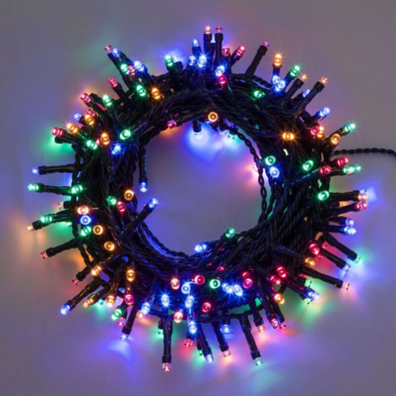 foto del prodotto lotti stringa catena 4,8 mt serie 120 luci di natale a led 5 mm reflex multicolore rgb con 8 giochi di luce e memoria cavo verde per esterno