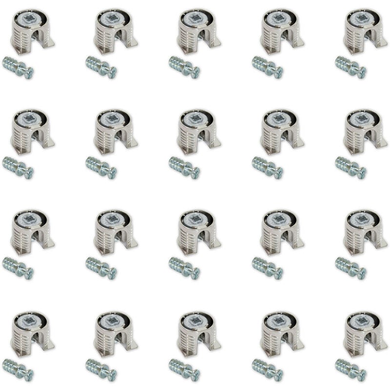 foto del prodotto lotto di 20 eccentrici e tiranti per il montaggio di scaffali, eccentrici diametro 20 mm, 12,5 mm, tiranti diametro 6 mm, 8 mm, zama e acciaio,