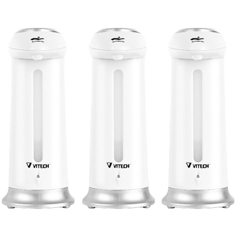 foto del prodotto lotto di 3 distributori automatici di sapone, gel idroalcolico 330 ml grigio e sapone bianco dispensa auto dispense