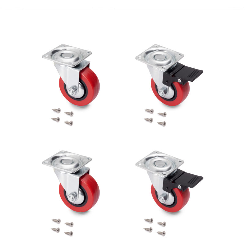 foto del prodotto lotto di 4 ruote slip 2 red con piastra di montaggio, diametro 50 mm, acciaio e tecnoplastica emuca