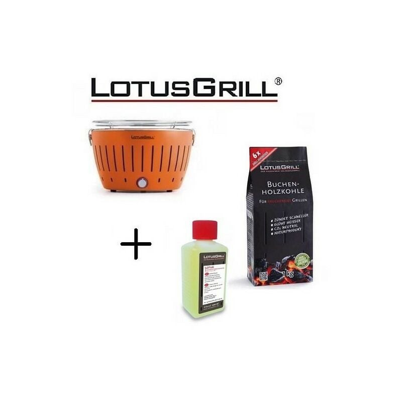 foto del prodotto lotus grill barbecue arancio con batterie e cavo di alimentazione usb 1kg di carbonella di faggio gel combustibile inodore per barbecue 200ml