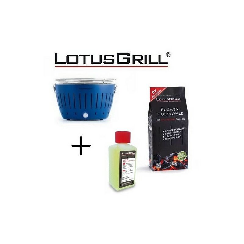foto del prodotto lotus grill barbecue blu con batterie e cavo di alimentazione usb 1kg di carbonella di faggio gel combustibile inodore per barbecue 200ml