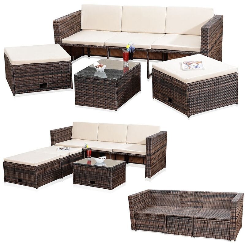 foto del prodotto lounge garden set rattan mobili rattan polyrattan sedute set divano tavolo 2 sgabelli marrone