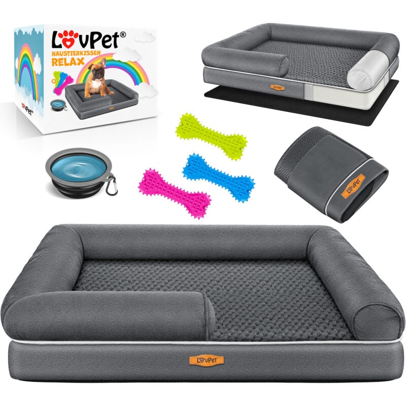 foto del prodotto lovpet letto ortopedico per cani, con ciotola 3x ossi da masticare, divano per cani di piccola, media e grande taglia, sfoderabile, antracite m