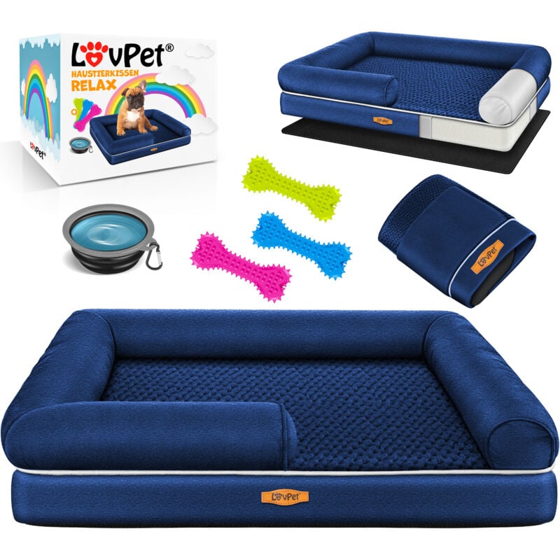 foto del prodotto lovpet letto ortopedico per cani, con ciotola 3x ossi da masticare, divano per cani di piccola, media e grande taglia, sfoderabile, blu marino 