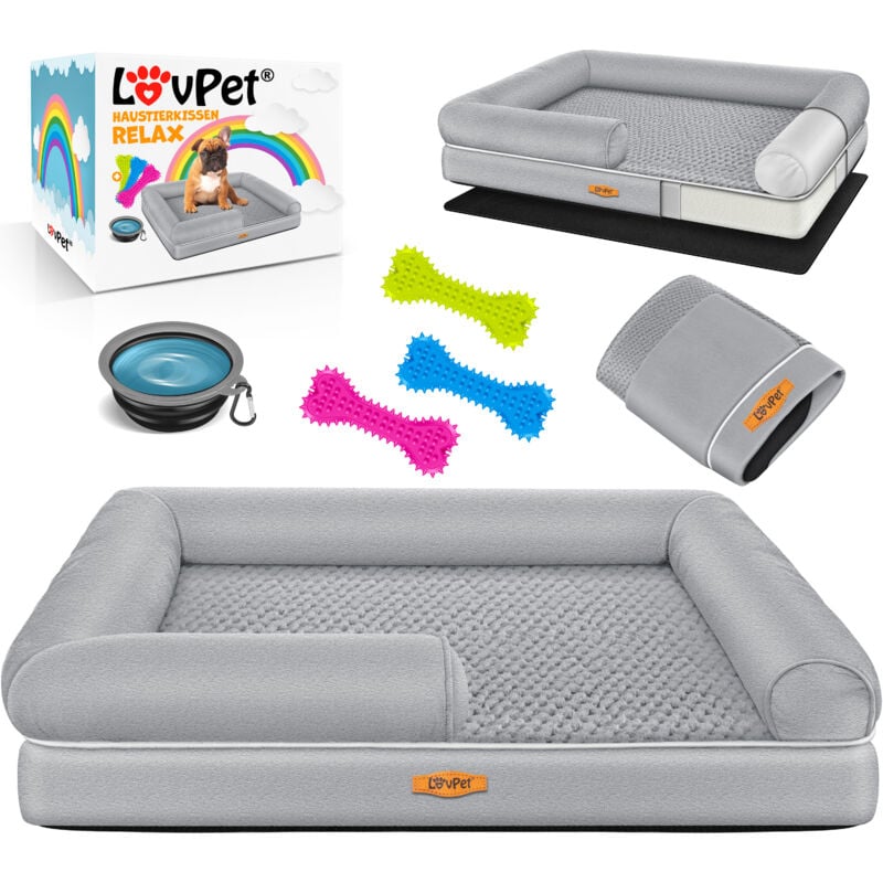 foto del prodotto lovpet letto ortopedico per cani, con ciotola 3x ossi da masticare, divano per cani di piccola, media e grande taglia, sfoderabile, grigio m