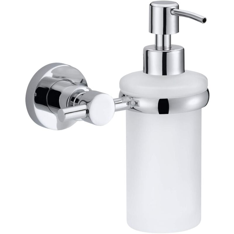 foto del prodotto loxx dispenser sapone liquido portasapone adesivo in metallo inox cromato e vetro satinato senza perforazione rimovibile senza tracce